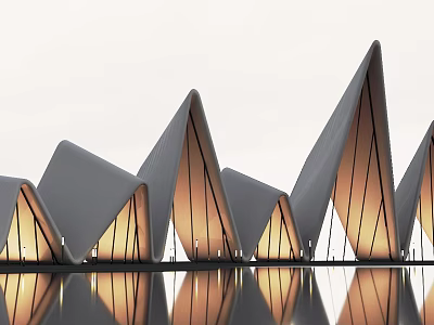 Modern Architectural Design With Triangular Roofs Warm Lighting And Water Reflections 3d model