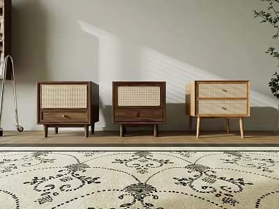 Stylish Bedside Tables With Rattan Panels Wooden Frame And Decorative Patterned Rug 3d model