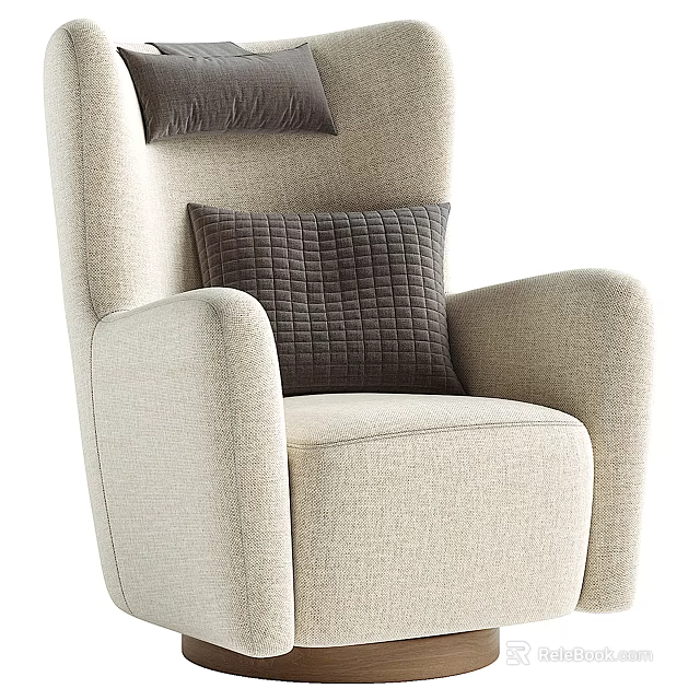 Beige Upholstered Armchair With High Back Wide Armrests And Dark Gray Quilted Pillows 3d model 