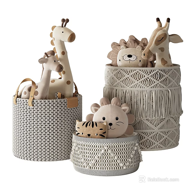 Cute Stuffed Animal Toys in Woven Storage Baskets with Giraffe Lion Tiger Plush Figures 3d model 