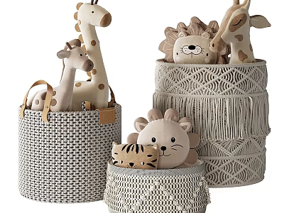 Cute Stuffed Animal Toys in Woven Storage Baskets with Giraffe Lion Tiger Plush Figures 3d model