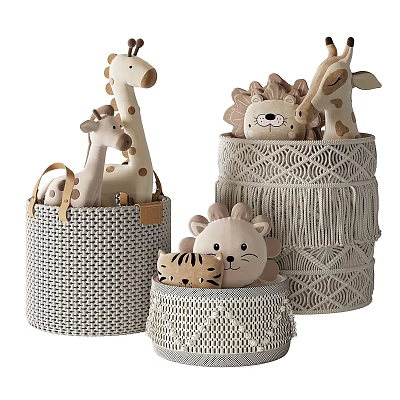 Cute Stuffed Animal Toys in Woven Storage Baskets with Giraffe Lion Tiger Plush Figures 3d model