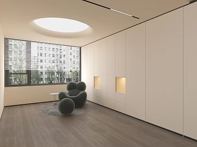 Home Theater With Large Windows Blinds White Cabinets Gray Armchair Wooden Flooring And Recessed Lighting 3d model