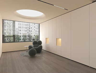 Home Theater With Large Windows Blinds White Cabinets Gray Armchair Wooden Flooring And Recessed Lighting 3d model