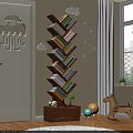 Slanting Tiered Bookcase in Kids Room with Colorful Books Wall Decor and Toys