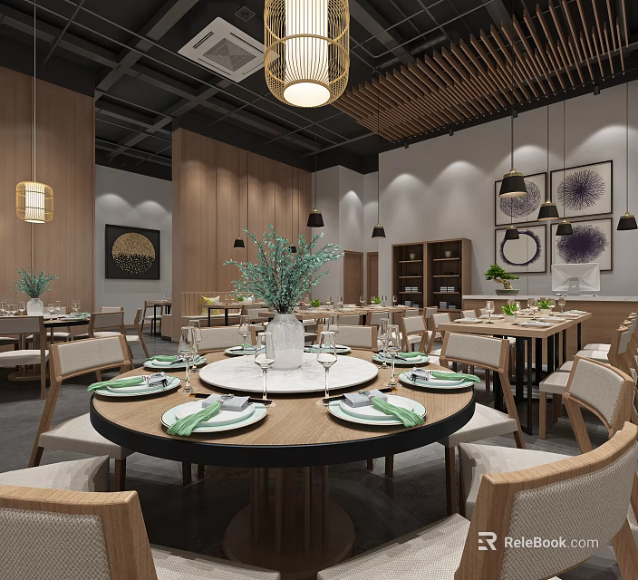 Warm Modern Restaurant Interior With Round Tables Green Napkins Wooden Furniture And Hanging Lamps 3d model 