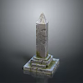 Ancient Weathered Stone Obelisk Sculpture With Detailed Carving And Step Base