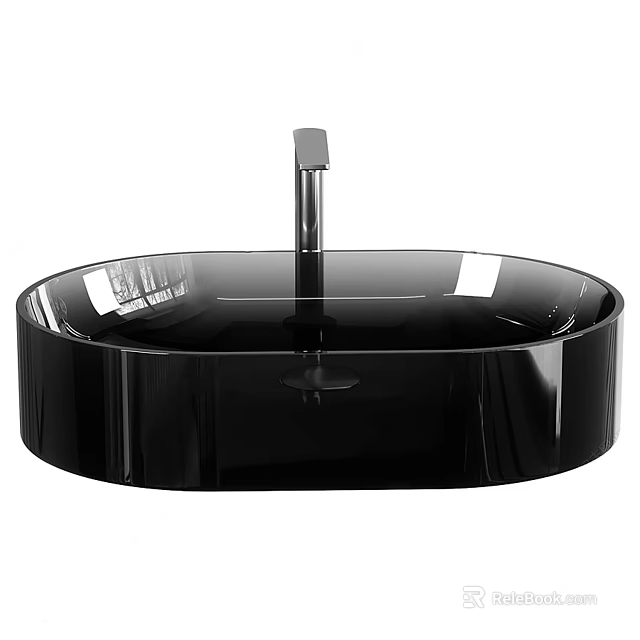 Sleek Black Oval Washbasin With Modern Chrome Faucet And Smooth Surface 3d model 