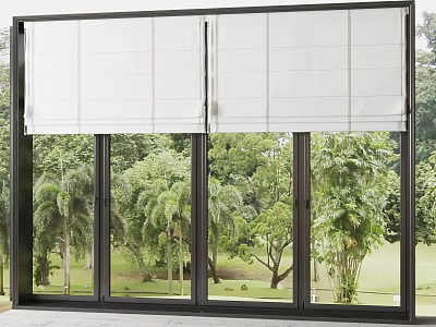 White Roller Blinds For Large Window With Green Trees And Grass View 3d model