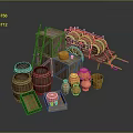 Rustic Household Items Set Including Wooden Barrels Clay Pots Wooden Crates Ladder And Wheelbarrow