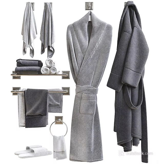 Soft Absorbent Gray Bath Towels With Matching Robe And Wall Mounted Holder 3d model 