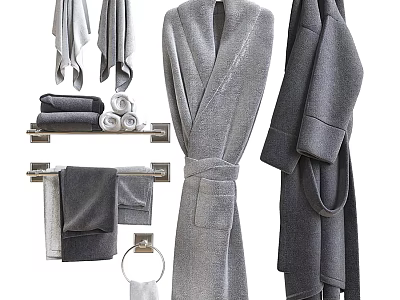 Soft Absorbent Gray Bath Towels With Matching Robe And Wall Mounted Holder 3d model