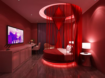 Red Themed Hotel Room With Round Bed Canopy And Ambient Lighting 3d model