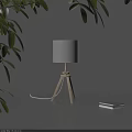 Wooden Tripod Table Lamp With White Shade On Gray Tabletop Near Books And Green Leaves