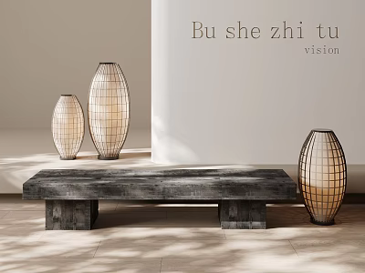 Wooden Bench in Modern Interior with Lantern Shaped Lamps and Light Colored Wall 3d model