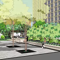 Park Landscape With Green And Red Trees People Walking Stone Sculpture And Building Background