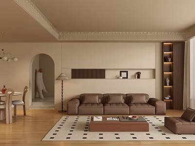 Soft Cream Tone Living Room With Brown Leather Sofa And Elegant Minimalist Warm Home Design 3d model