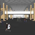 Exhibition Hall Spacious Interior With High Ceiling Tall Columns And Visitors Walking