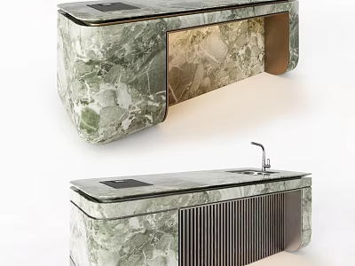 Modern Kitchen Island Featuring Green White Marble Sink Faucet And Storage Grille 3d model