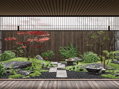 Serene Courtyard Garden With Wooden Ceiling Red Maple Tree Green Plants And Stone Path 3d model