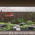 Serene Courtyard Garden With Wooden Ceiling Red Maple Tree Green Plants And Stone Path