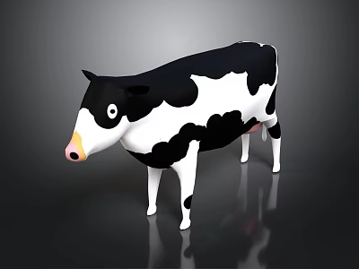 Black And White Cartoon Cow 3D Model Standing On Dark Background With Reflection 3d model