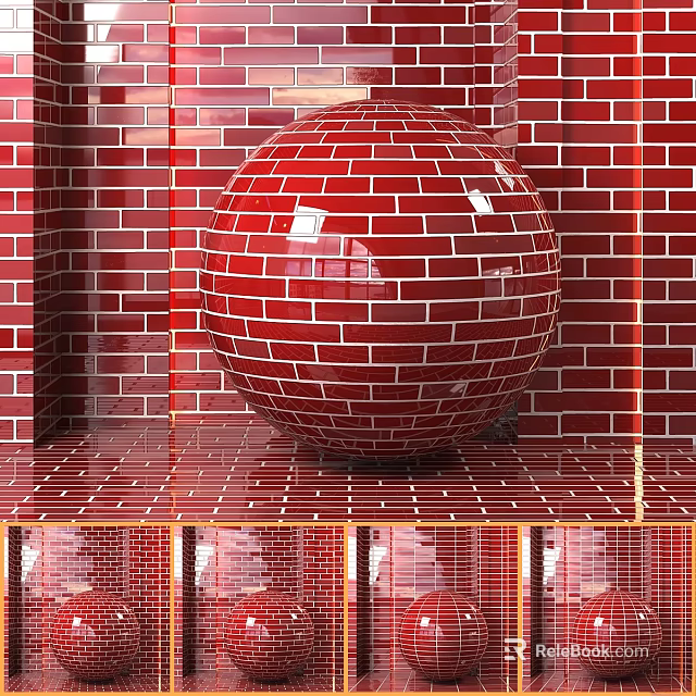 Brick Sphere Structure with Red Brick Wall and Mirror Reflection on Floor 3d model