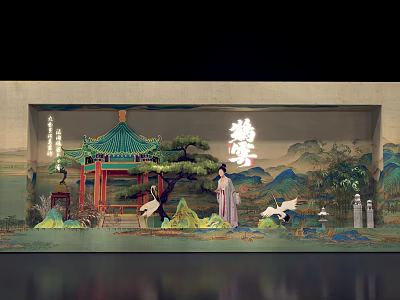Chinese Traditional Scenic Photo Check In Spot With Pavilion Ancient Costume Figures And Mountain Landscape 3d model