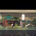 Chinese Traditional Scenic Photo Check In Spot With Pavilion Ancient Costume Figures And Mountain Landscape