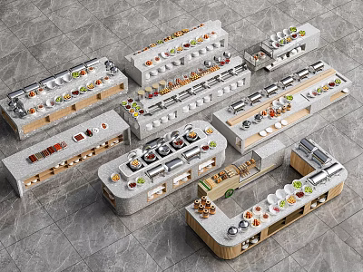 Modern Buffet Counters With Marble Tops Wooden Edges Food Utensils Display Various Shapes 3d model