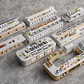 Modern Buffet Counters With Marble Tops Wooden Edges Food Utensils Display Various Shapes