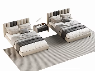 Elegant Modern Two Single Beds With Nightstand Table Lamp And Striped Rug 3d model