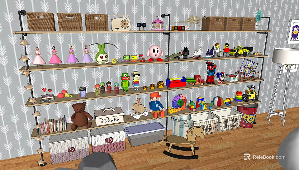 Stuffed Dolls And Assorted Toys Displayed On Shelves In Kids Playroom 3d model 