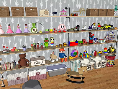 Stuffed Dolls And Assorted Toys Displayed On Shelves In Kids Playroom 3d model