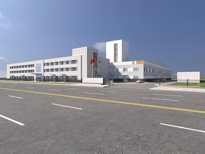 Large Scale Industrial Factory Exterior With White Facade And Spacious Parking Area 3d model