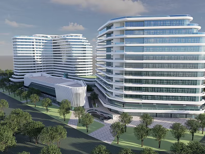 Modern Curved Hotel Building with Glass Curtain Walls and Landscaped Gardens 3d model