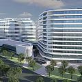 Modern Curved Hotel Building with Glass Curtain Walls and Landscaped Gardens