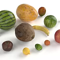 Fresh Assorted Fruits Including Watermelon Cantaloupe Pear Coconut Banana And Apple On White Background