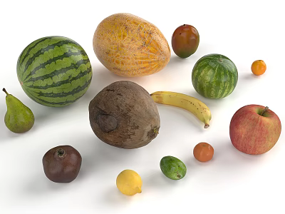 Fresh Assorted Fruits Including Watermelon Cantaloupe Pear Coconut Banana And Apple On White Background 3d model