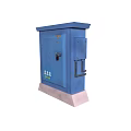 Industrial Equipment Blue Cabinet With Lockable Door Cooling Fins And Safety Icons
