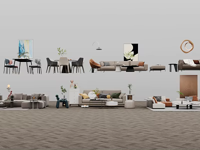 Modern Fabric Sofa and Coffee Table Set With Decorative Pillows Plants And Wall Art 3d model