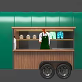 Green Mobile Food Truck With Transparent Sides And Wooden Counter Inside