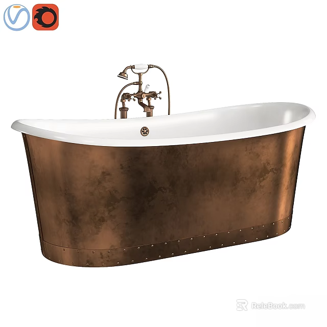 Elegant Copper Bathtub Featuring Vintage Texture White Top Rivets and Copper Faucet 3d model 