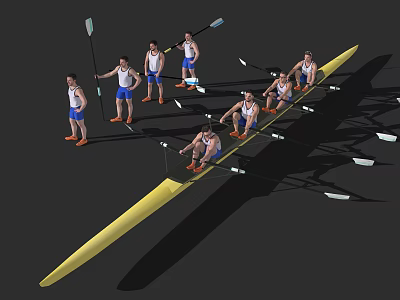 Team of Rowers Preparing to Row in Yellow Racing Boat Together 3d model