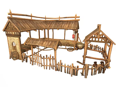 Bamboo Made Cartoon Scene With Thatch Roof Small Houses Wooden Fence Handcart Lantern And Haystack 3d model