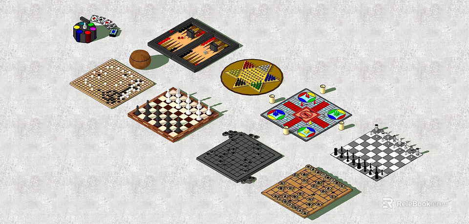 Board Game Entertainment Collection Featuring Chess Checkers Go Mahjong Tiles And Dice 3d model 