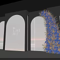 Modern Floral Display Design In Interior Space With Curved Structure Purple Flowers And Lighting Decoration