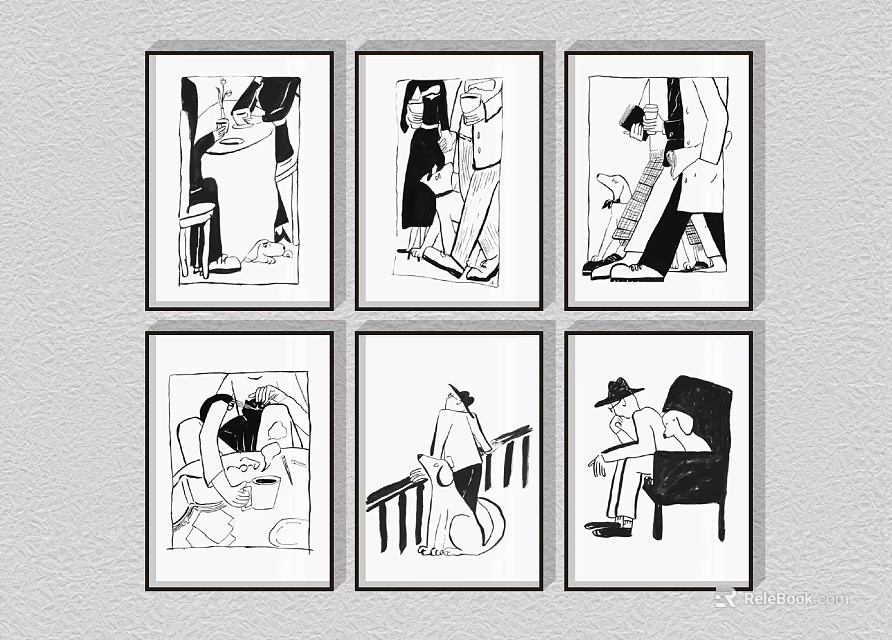 Six Framed Black and White Figure Paintings with Abstract Human Poses on Wall 3d model 