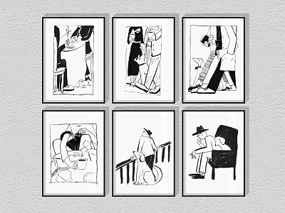 Six Framed Black and White Figure Paintings with Abstract Human Poses on Wall 3d model
