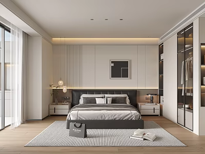 Modern Bedroom Interior Featuring Framed Picture Pendant Lights Bedside Tables And Floor to Ceiling Windows 3d model